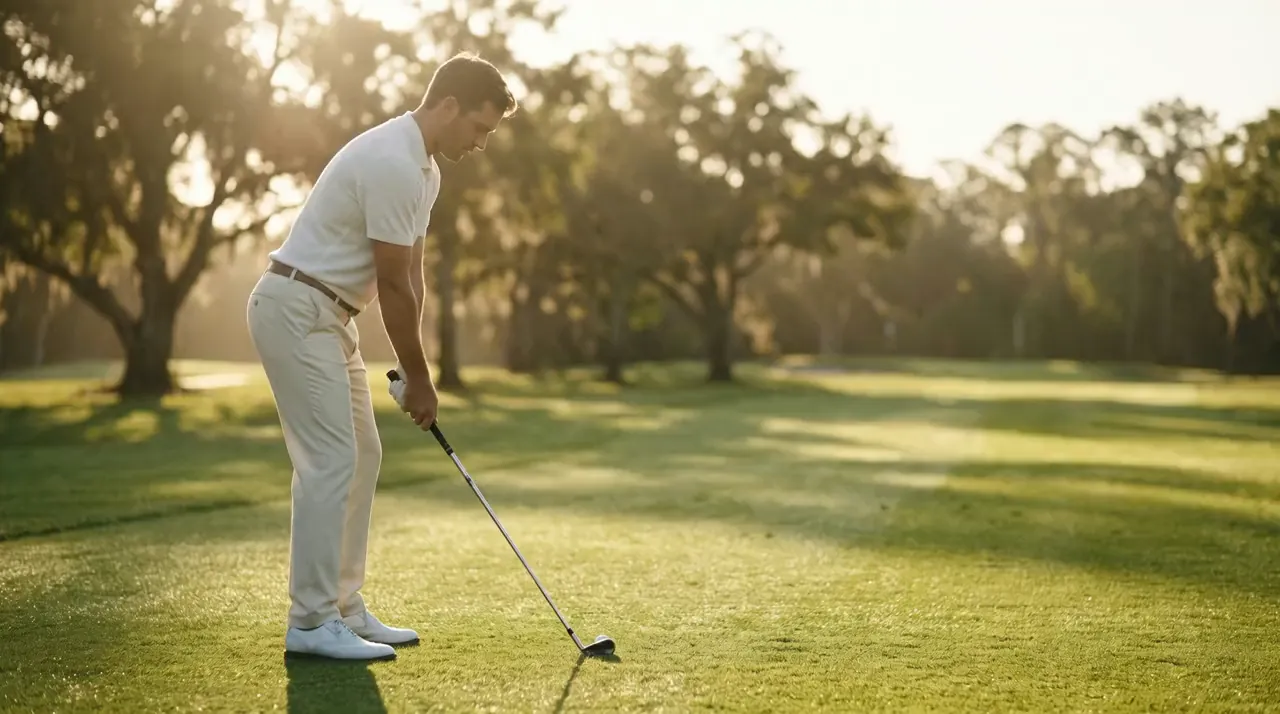 Ein Golfer setzt auf dem Fairway zum Schlag an, dahinter alte Eichen im weichen Gegenlicht