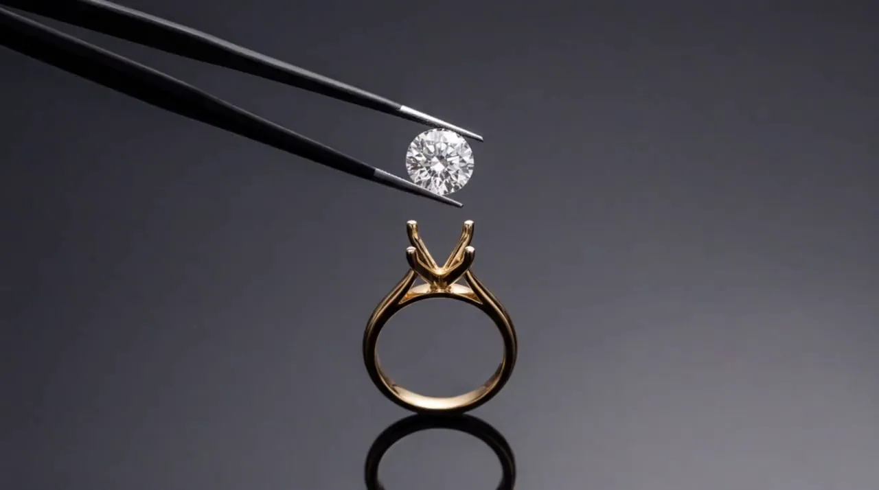 Eine Pinzette hält einen Brillanten über eine leere Ringfassung aus Gelbgold auf dunklem Grund