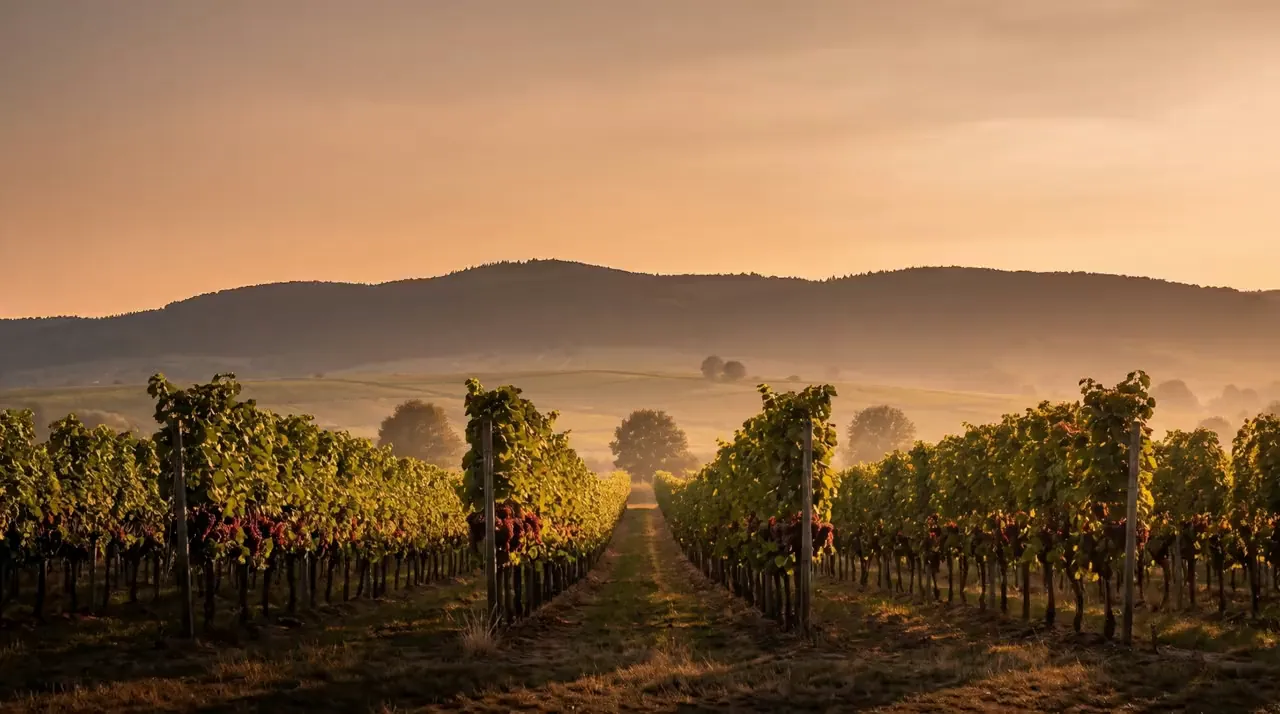 Rebzeilen eines Weinbergs im warmen Abendlicht, dahinter sanfte Hügel im Dunst